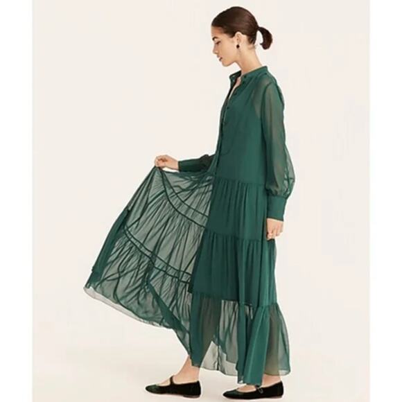 J.Crew Collection Tiered Silk Chiffon Tuxedo Dress Dark Spruce Size 8 - Picture 2 of 6